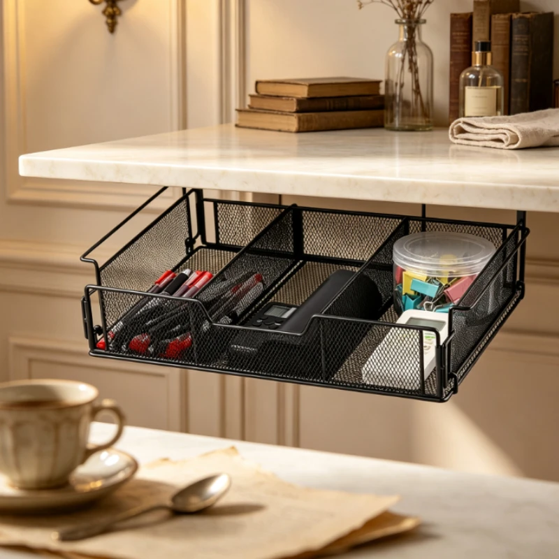 Under Desk Storage Basket, Heavy Duty Pull Out Organizer for Office Stationery Items, Desktop Space Saver & Home Office Tray