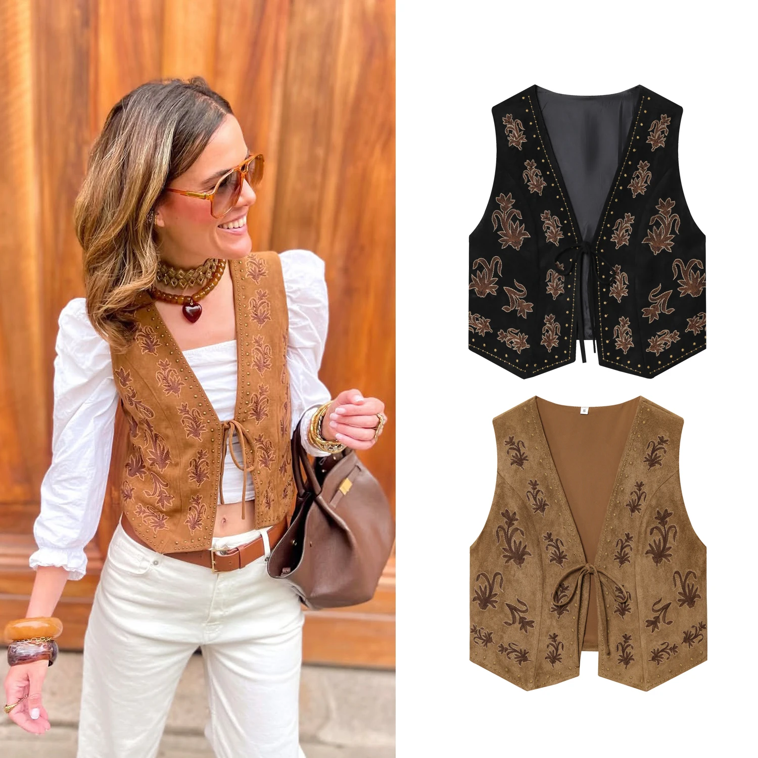 

Women Fashion Casual Embroidered Velvet Texture Effect Vests Spring Summer New Female Autumn Elegant V-Neck Lace-Up Waistcoat
