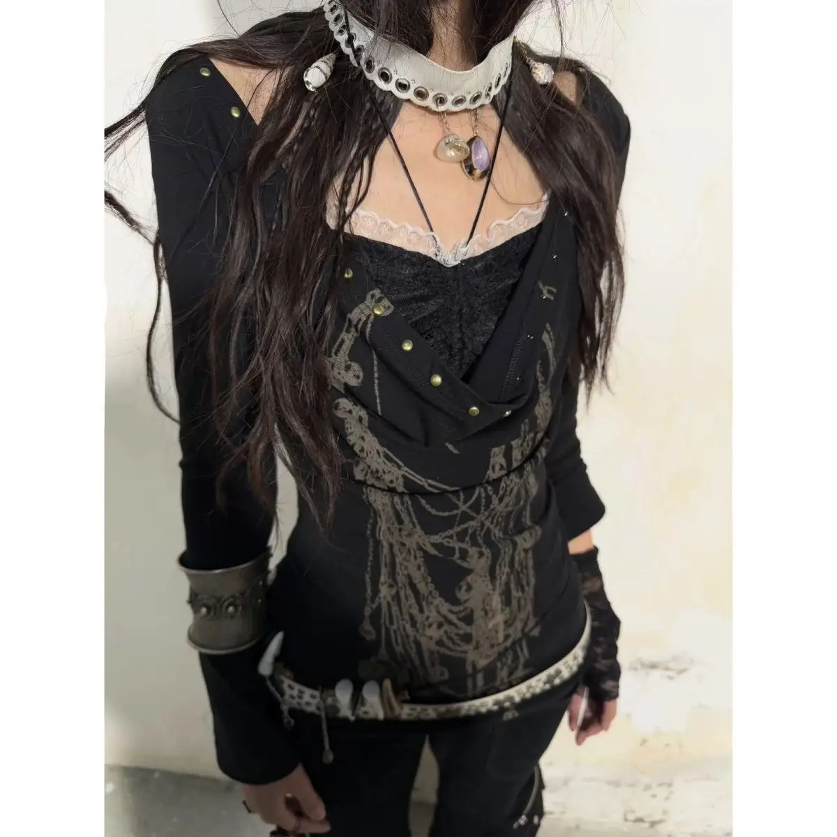 

Subculture Harajuku ложная двухсекционная футболка с длинными рукавами для женщин, осенние новые кружевные лоскутные облегающие майки, модный топ Y2k