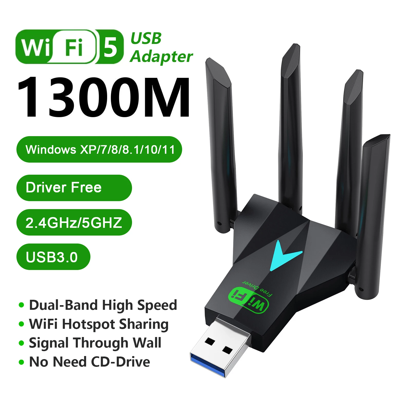

1300Mbps WiFi USB Adapter Dual Band 2.4G/5Ghz Wi-Fi Dongle USB3.0 802.11AC 4-Antenna Wireless Receiver For PC/Laptop Driver Free