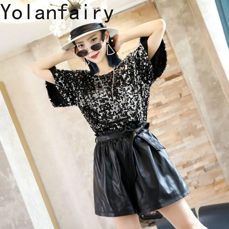 YOLANFAIRY Wide Leg Genuine Sheepskin Leather Shorts Woman Elastic Waist Autumn Winter Loose Casual Real Leather Bootcut Shorts