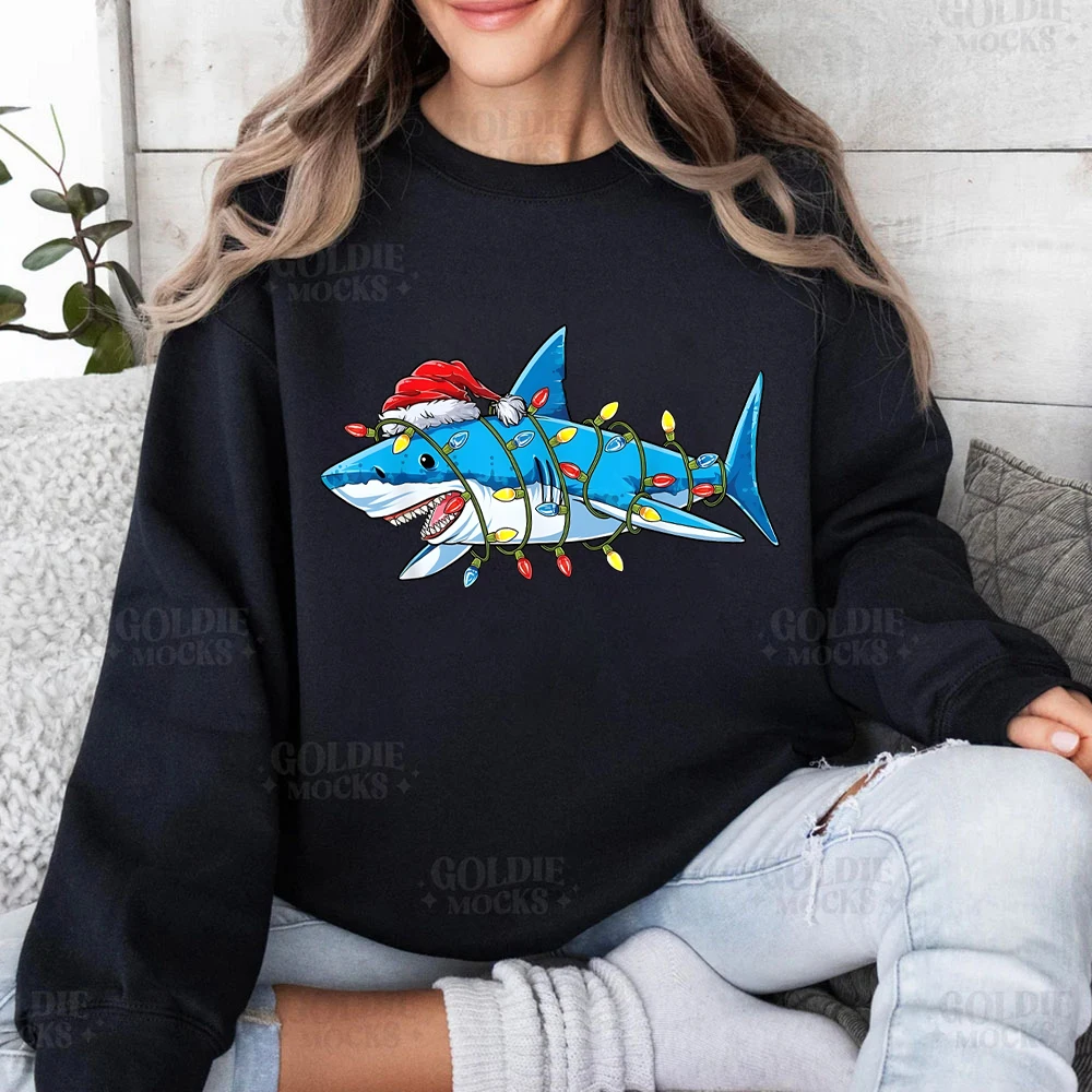 Cute Christmas Shark Lights Hoodie for Women Funny Christmas Gift Women's Clothes Christmas Gift for Her Sweatshirt's for Womens