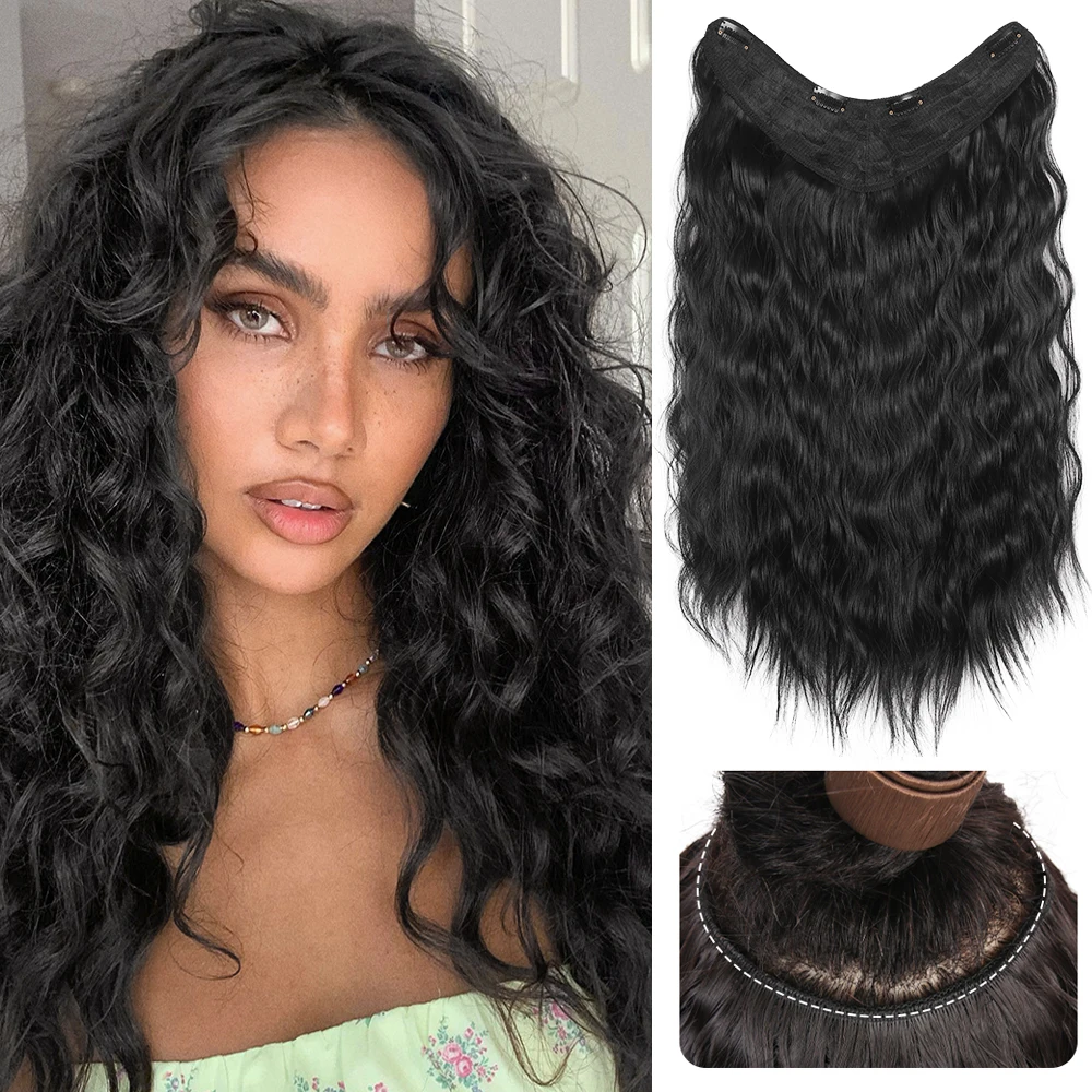 

V Part Clip In Hair Extensions Long Curly Wavy One Piece Black Hair Extensions With 4 Clips Full Head Half For Women Daily Use