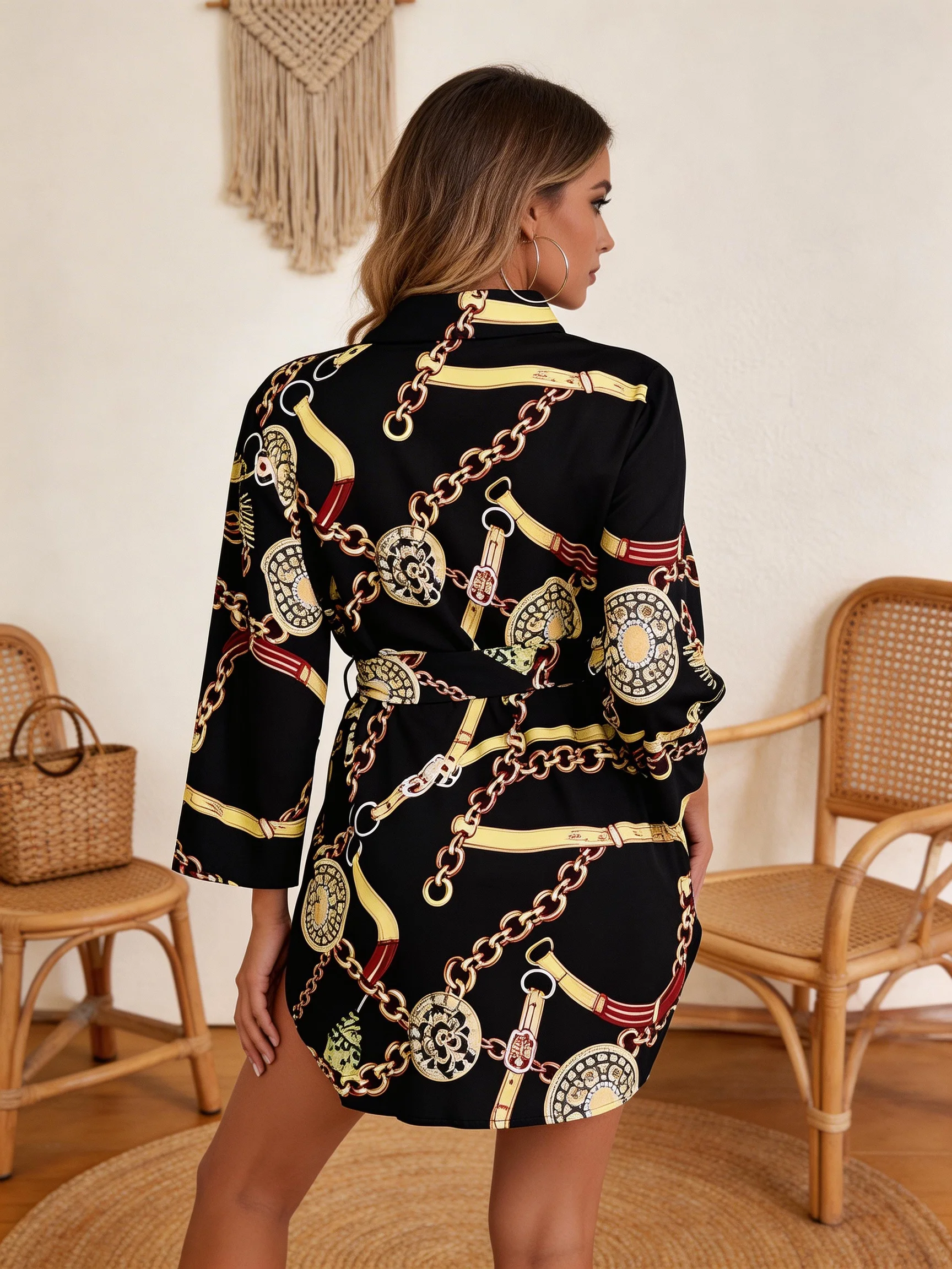 European Style Chain-Printed Shirt Dress with a Fitted Waist for Slimming Effect, Short Sleeve Dress with a Cross-Border Hot-Sel