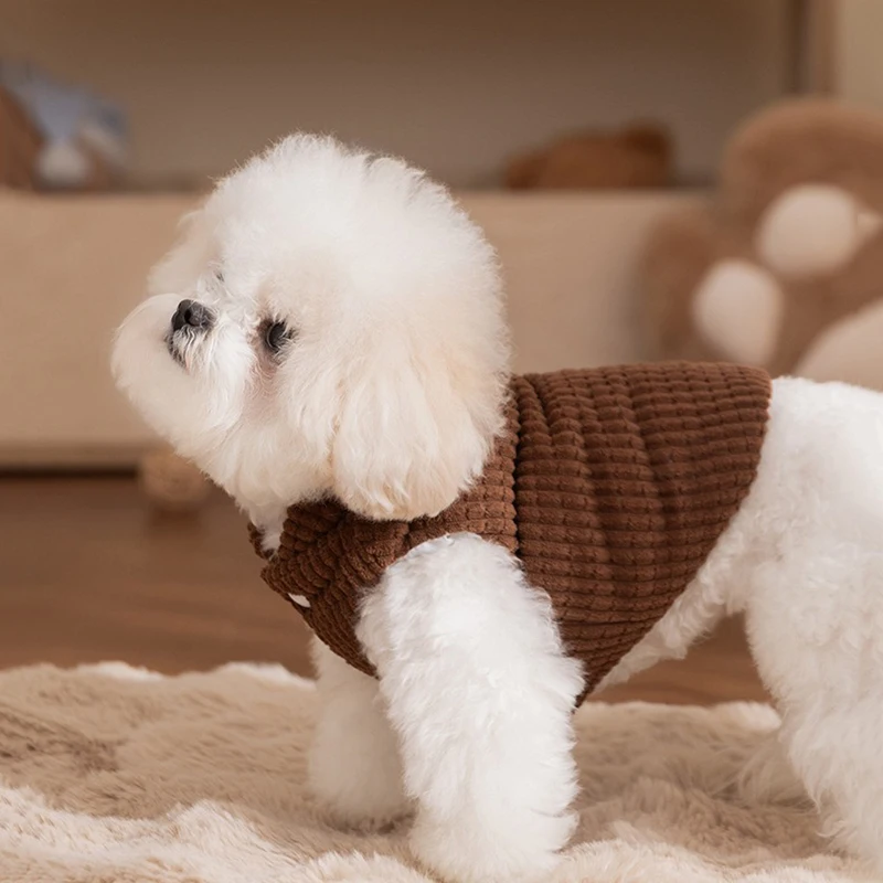 Solid-Color Corduroy Pet Clothes Simple Plaid Maltese Cotton Coat Bichon Frise Winter Warmth Jacket with Traction Buckle
