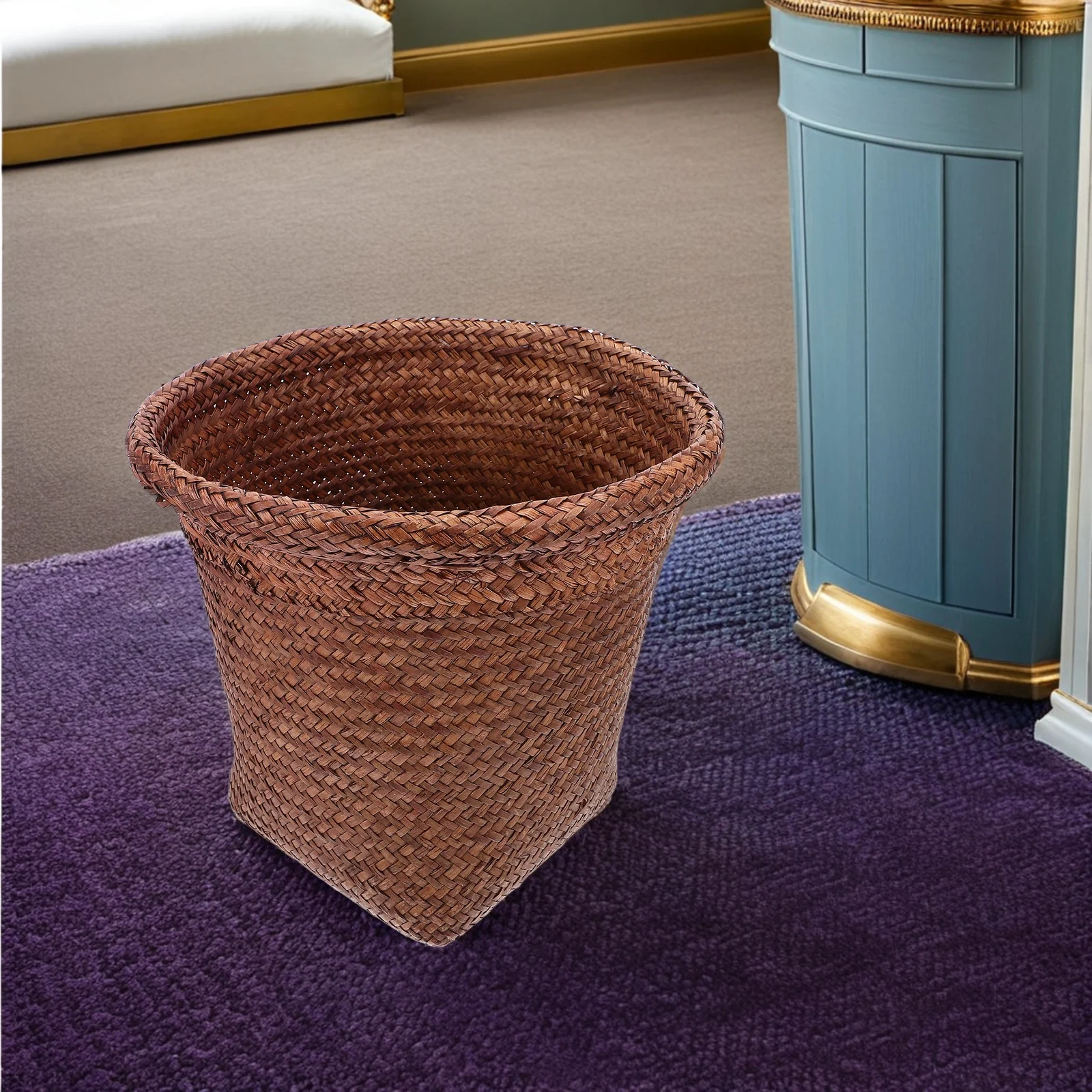 

1pc Waste Paper Basket Natural Straw Woven Round Garbage Container For Bathroom Bedroom Office Home Small Trash Can Countertop