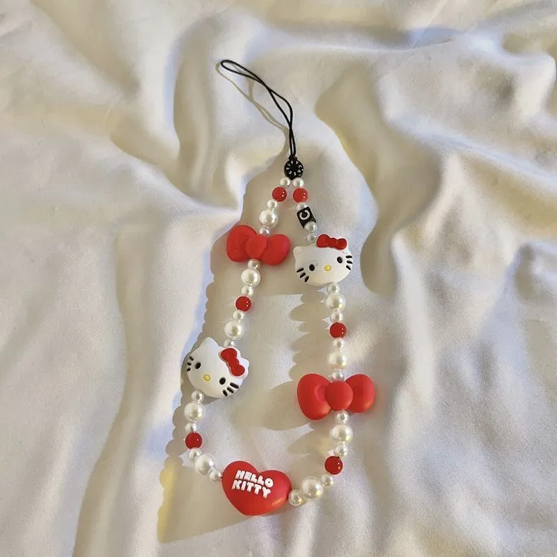 Cartoon Hello Kitty Catena per telefono Ragazza carina Cuore Perline Custodia per telefono Corda appesa Portachiavi Pendente kawaii Regali per le vacanze