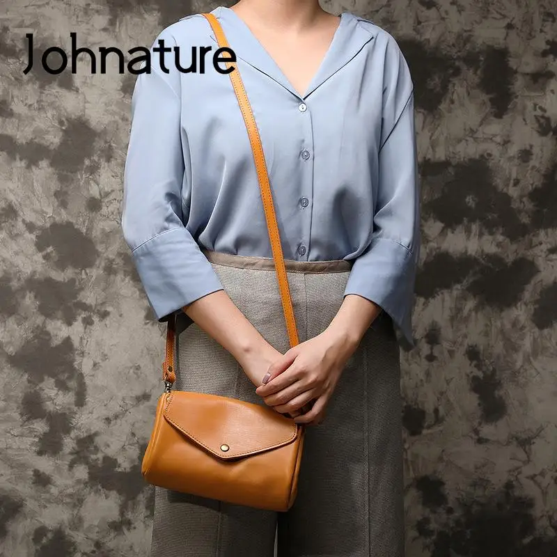 Johnature Genuine Leather Simple Small Crossbody Bags For Women Vintage Versatile Solid Color Natural Soft Cowhide Shoulder Bag