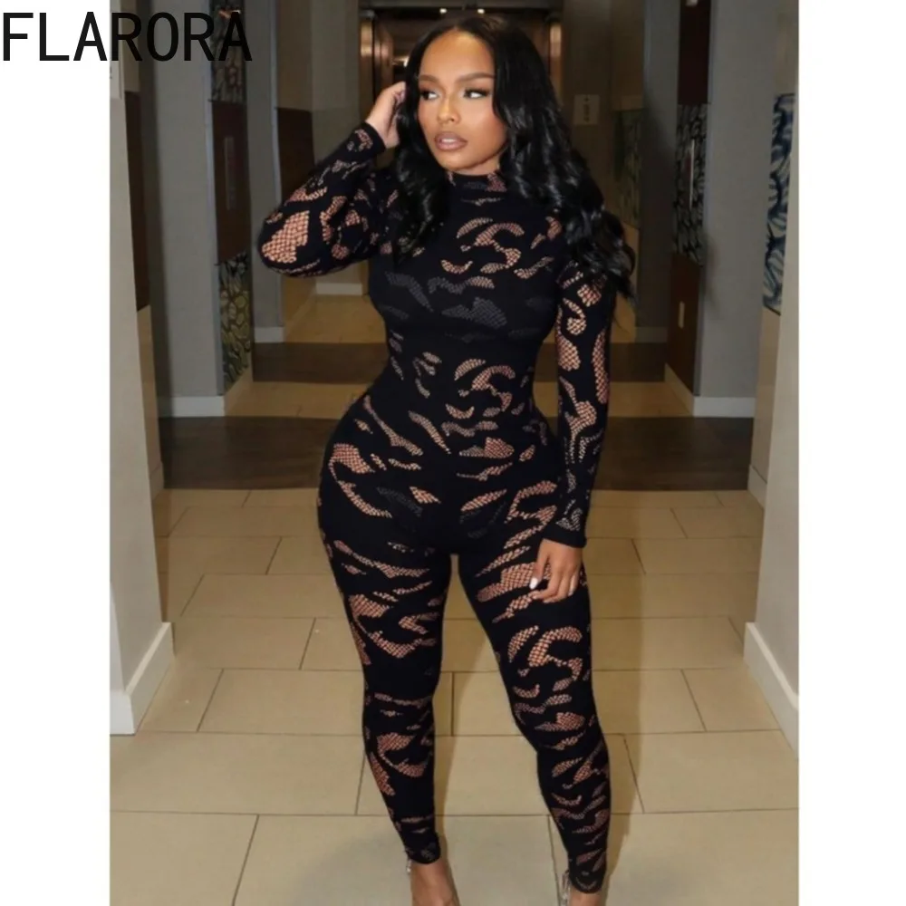 

FLARORA Sexy Lace See Through Patchwork Jumpsuits Woman Round Neck Full Sleeve Bodycon Peach Hip Hottie Stretch Street Clubwear
