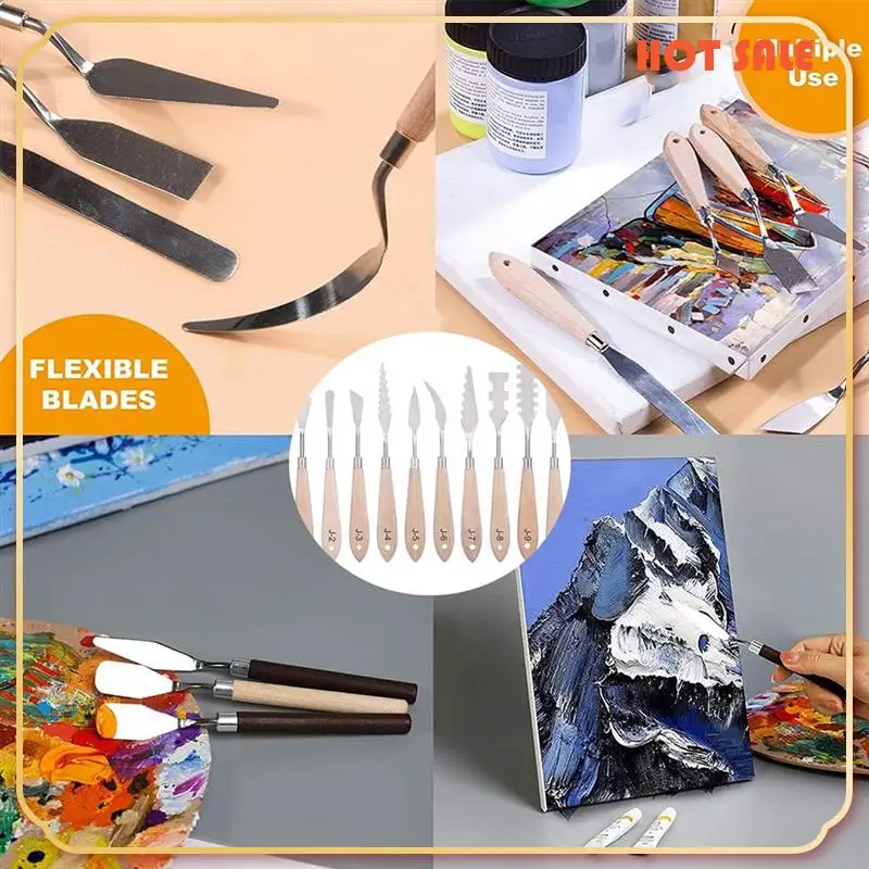 ABFA Paint Knife Set - 10Pcs Stainless Steel Spatula Palette Knife Painting Tools Metal Knives Wood Handle Durable Easy Install