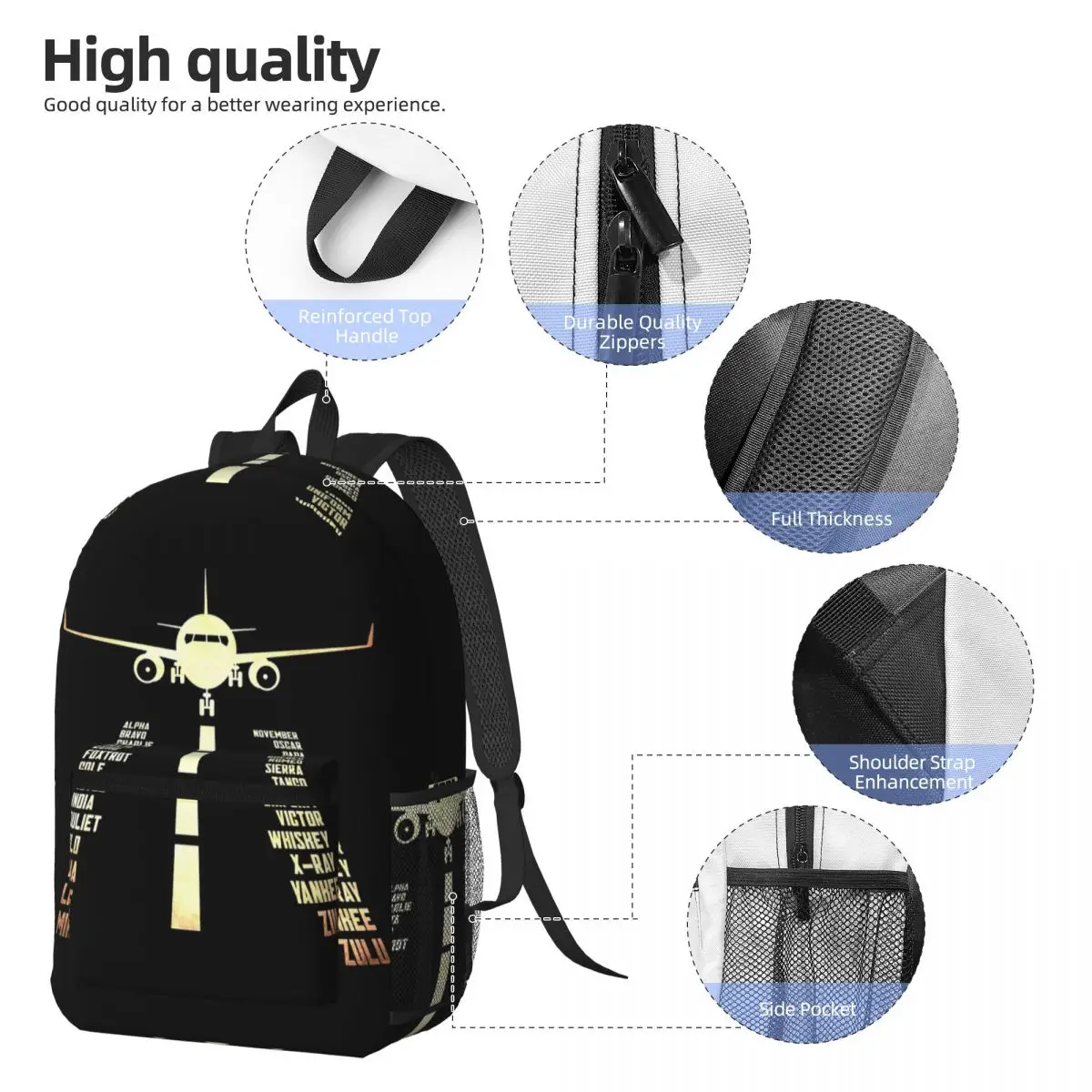 Airplane Airstrip Phonetic Alphabet Backpack Daypack Large Capacity Boys Girls BookBag School Bag Shoulder Bags for Men Women