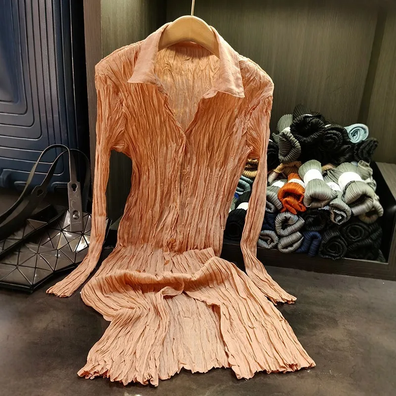 Miyake-vestido plisado para mujer, vestido camisero de Color sólido con pliegues de sentido para personas mayores, falda de longitud media plisada con solapa fina de verano 2025