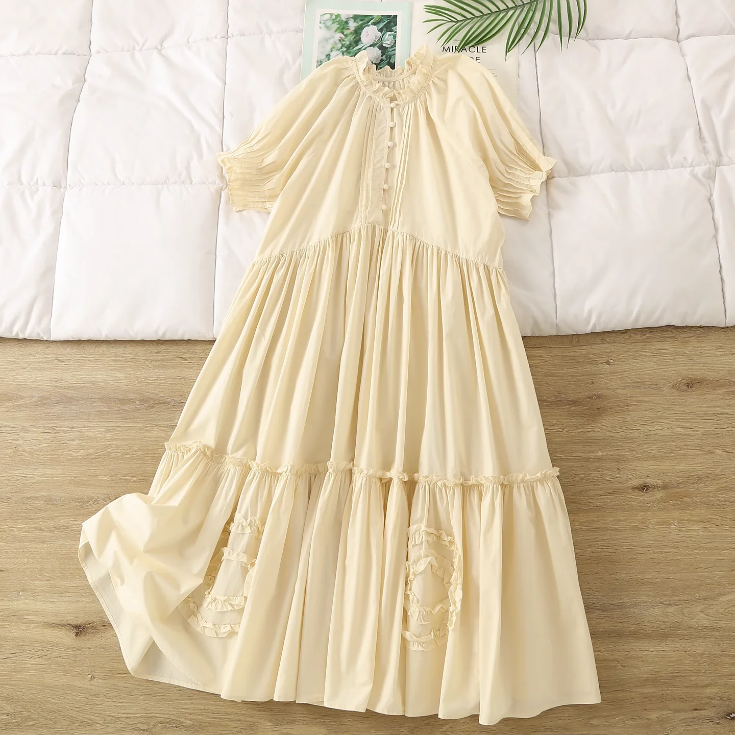 

2025 Mori girl summer autumn Japanese style stand collar short sleeve long dress for women cotton embroider loose dress