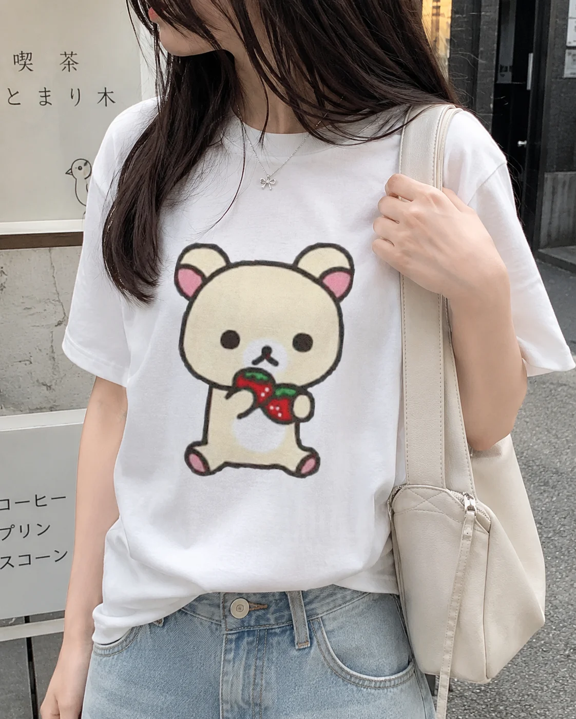 Leisure Rilakkuma Strawberries T-Shirts Women Round T Shirts Animal Bear Short Sleeve Tees Fashion Harajuku Kawaii Y2K Clothing
