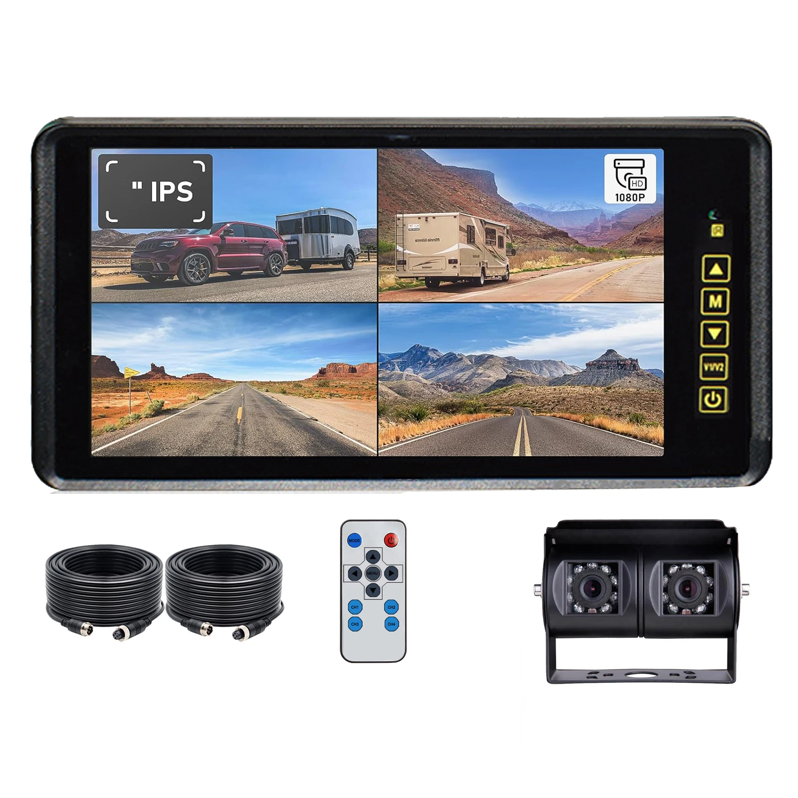 

iPoster Black 1080P 4PIN Dual Head Joint Rear View Backup Cameras IR Night Vision Waterproof 9 Inch AHD IPS Screen Quad Monitor