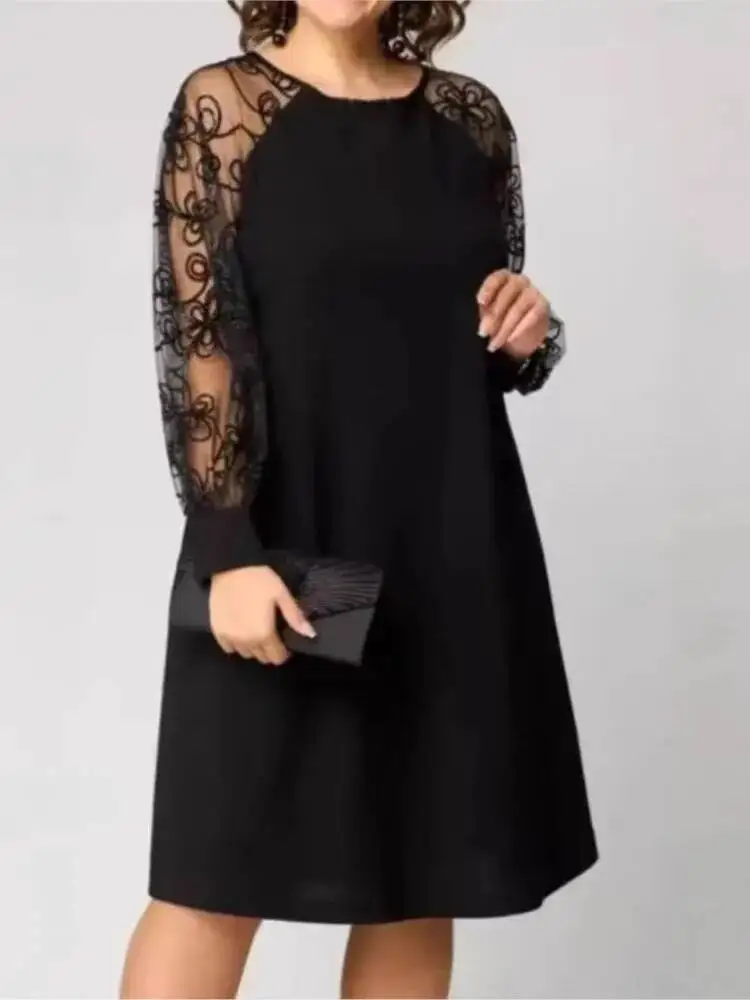 

Fashionable Patchwork Lace Long-Sleeved Round Neck Dress Solid Color Chic Simple Temperament Foreign Style Trendy Vestidos