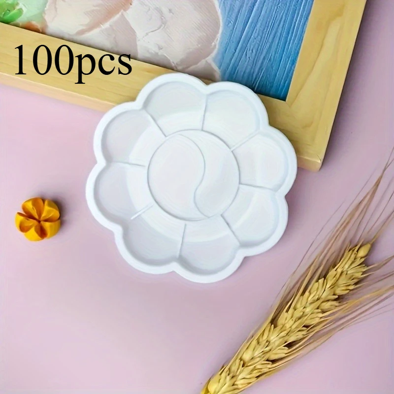 100pcs Disposable Flower Shaped Paint Palettes | Plastic Trays for Watercolor, Acrylic & Gouache Mixing, Art Student Supplies,