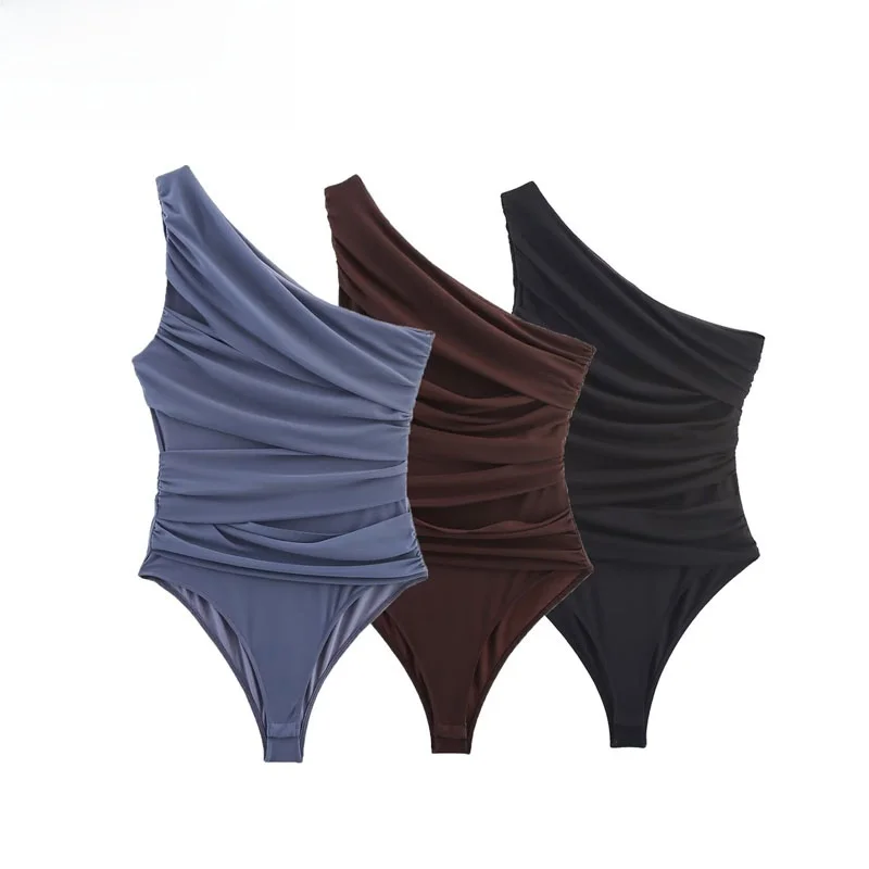 

ZBZR Spring Autumn Faion Asymmetric Pleated Sexy Single oulder Silk Net Jumpsuit Women's High Waist ort Pants Polyester...