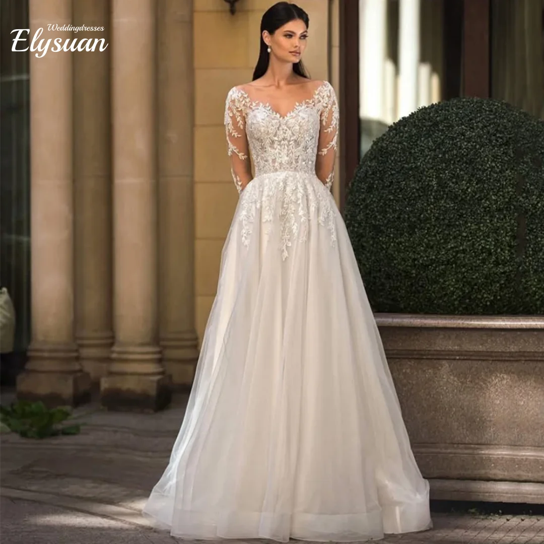 

Элегантное свадебное платье невесты по индивидуальному заказу с круглым вырезом и длинными рукавами, тюлевая аппликация, иллюзия трапециевидной формы