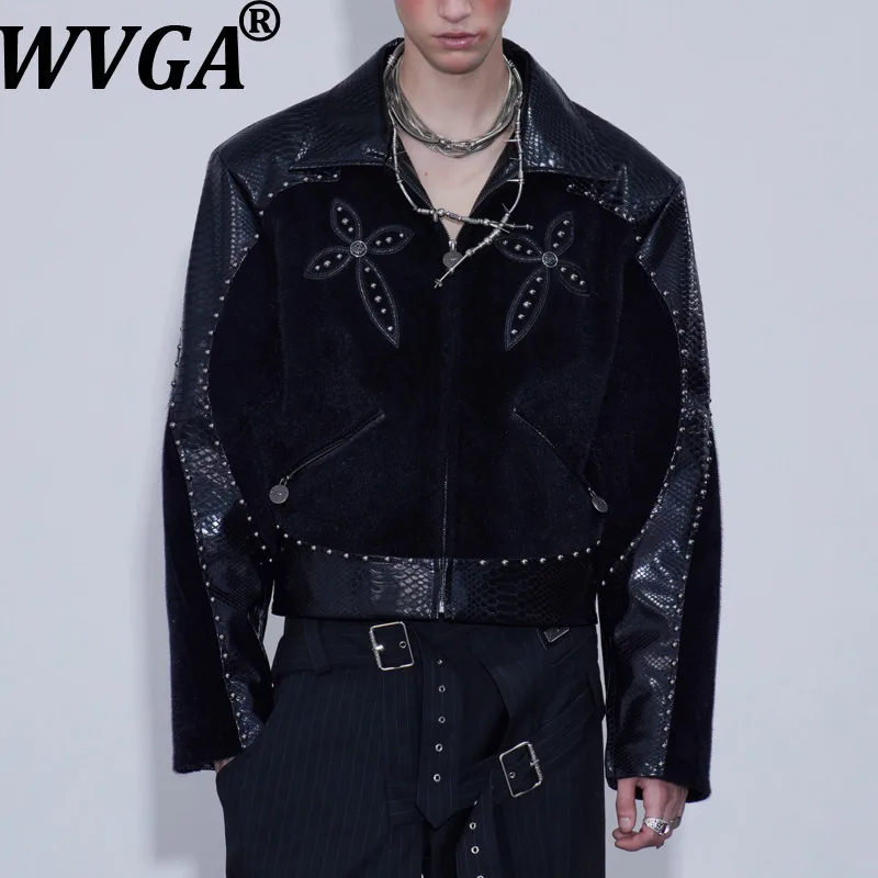 

WVGA осень-зима новая мужская уличная короткая куртка с заклепками нишевая шикарная повседневная модная лоскутная кожаная куртка Ins W14968