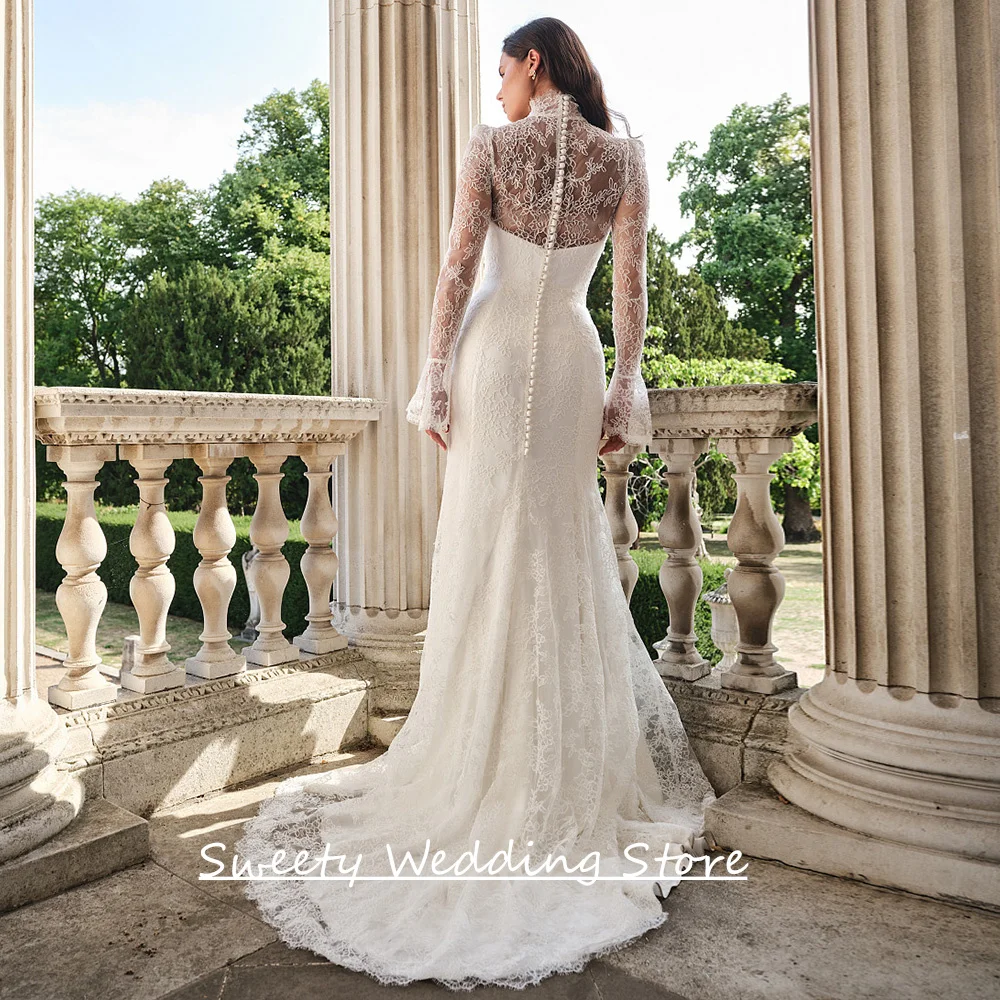 Abiti da sposa moderni a sirena in pizzo personalizzati collo alto maniche lunghe Sweep Train abito da sposa arabo Vestido Noiva