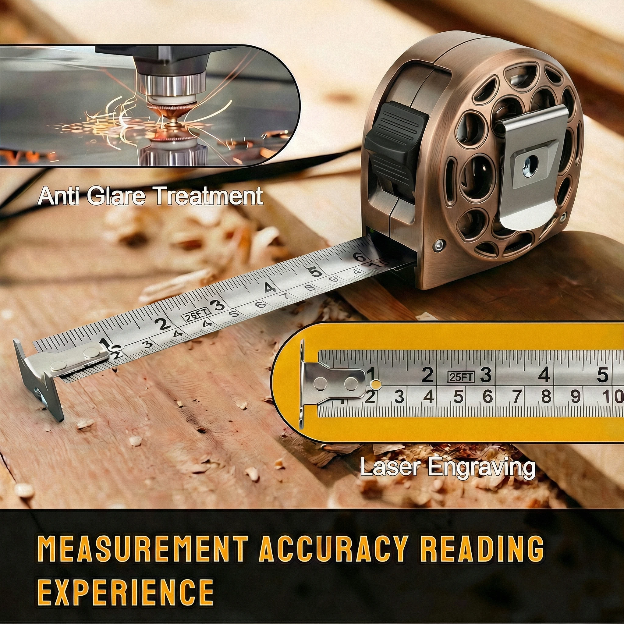 PROBON Antique Copper Tape Measure - Waterproof, Dual Metric/Imperial, High Precision, Wear-Resistant, with Clip & Carabiner