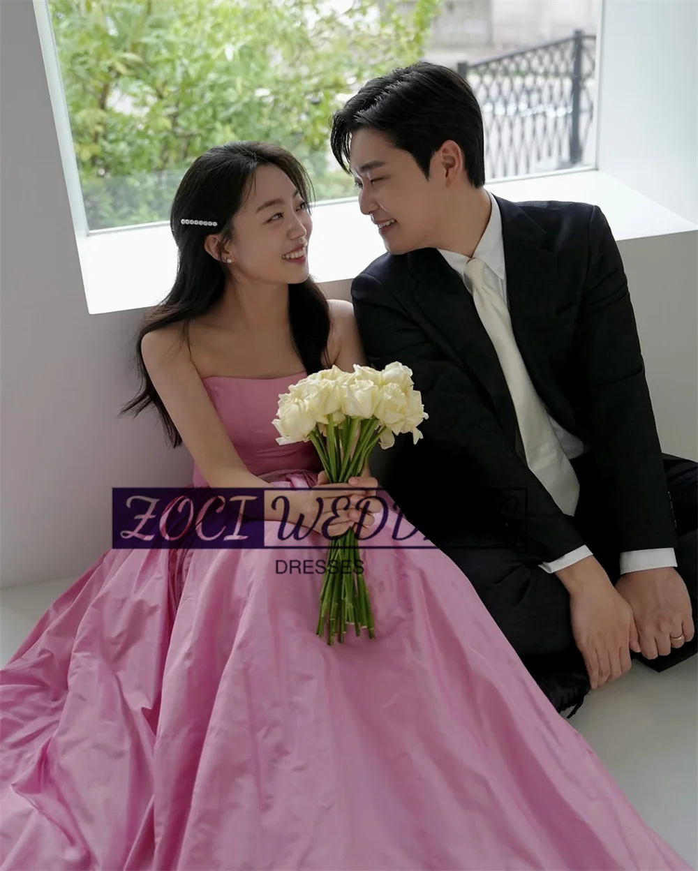 Zoci querida tafetá coreia vestidos de noite elegante sem alças rosa fotos sessão vestido personalizado varredura sem costas vestidos formais