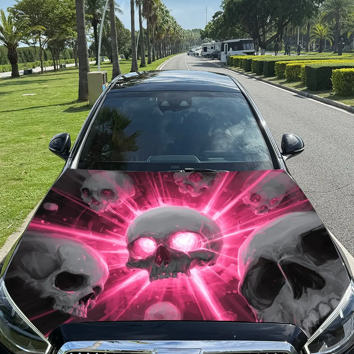 

Pink - Lit Bursting Skull Group Car Vinyl Wrap, PVC Material Waterproof Car Hood Sticker, Self-Adhesive Scratch-Resistant Sticke