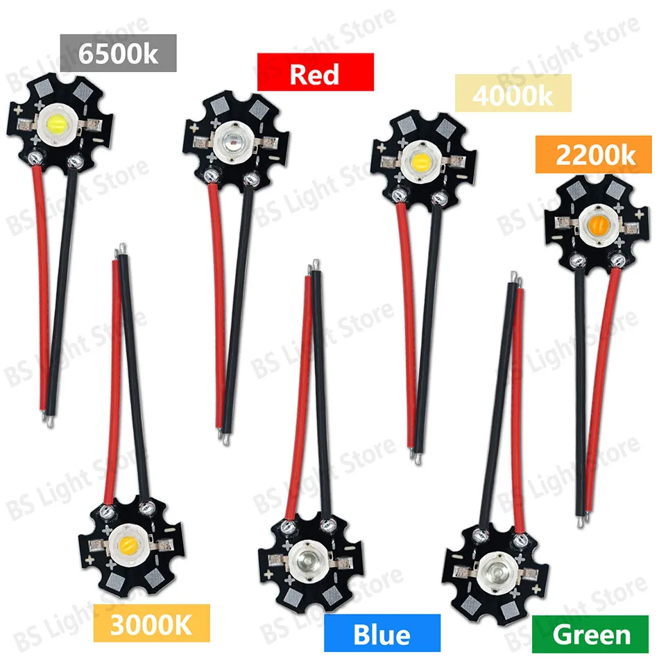 1-10 Stück 1W 3W Hochleistungs-LEDs in Warmweiß/Kaltweiß/Naturweiß/Rot/Grün/Blau/Echtes Blau mit Kabel, 20mm Stern-PCB-Lichtquelle – Detail 1