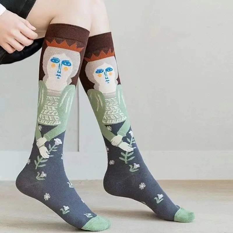New French BM Women's Leg Socks Long Tube High Tube Design Lightweight Cotton Artistic Abstract Illustration Woven Flower Knee-H