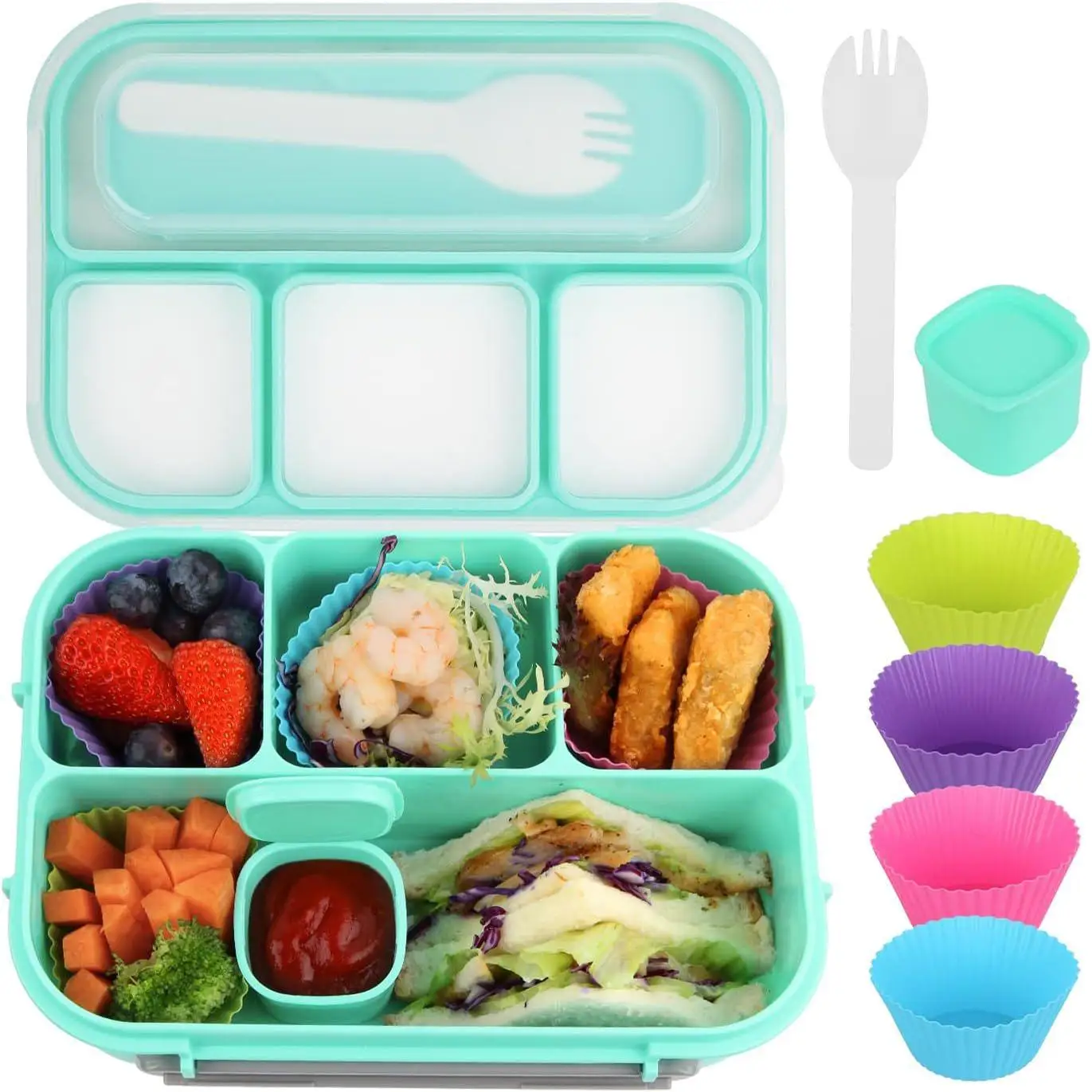 

7-Piece Set Portable Lunch Box Cartoon Fruit Fork Sauce Box Insulated Lunch Box Simple Sle Universal PP Material Lunch Set
