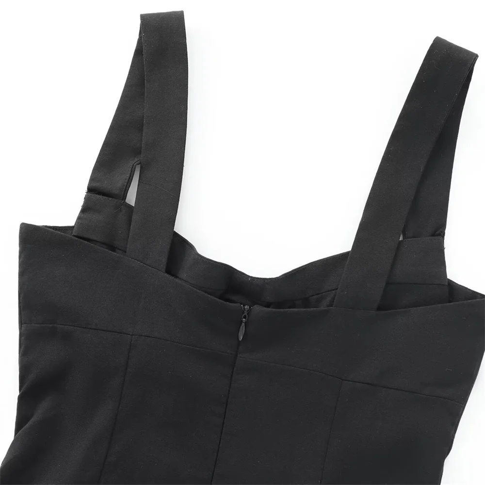 Sommer neuer Damen-Stil, schmale Passform, breiter Schultergurt, schwarze Leinenmischung, Temperamentkleid, schlankmachender kurzer Rock