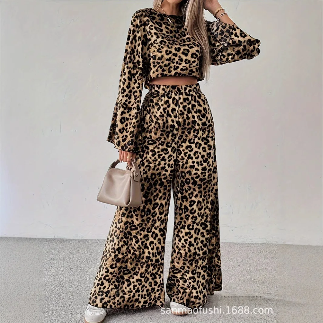 

2025 New Fashion Women's Leopard Print Casual Trousers Set Long Sleeve Women
