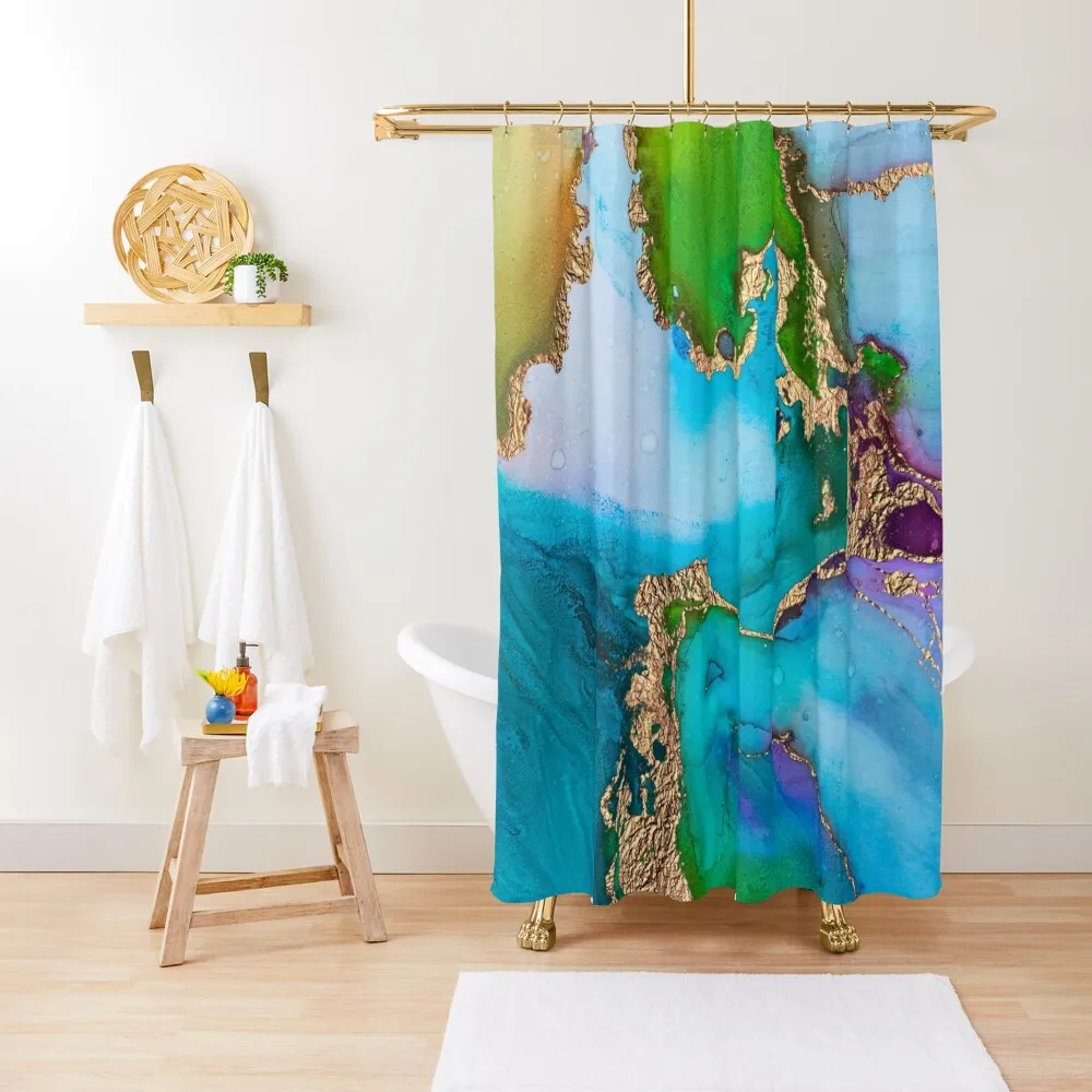 Abstract Faux Marble Mermaid Gemstone With Gold Glitter Shower Curtain Bathroom Shower Curtains