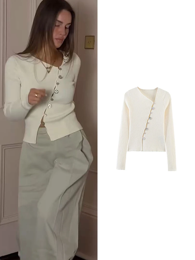 TFMLN Neue Damen-Mode Strickjacke Lässiger Stil Slim Fit Langarm Asymmetrische Schnalle Gestrickte Jacke Schicker V-Ausschnitt Strick-Oberteil