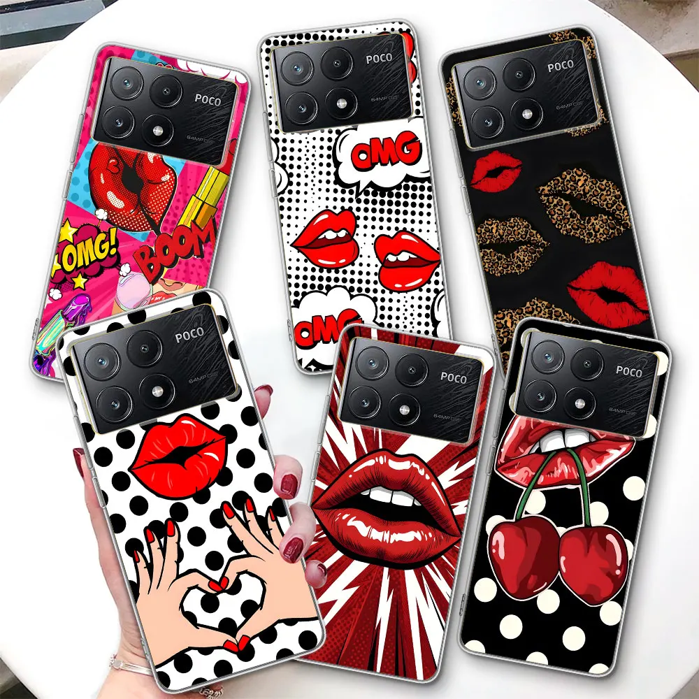 

Kiss Red Lips Case for Xiaomi Poco M7 F7 Ultra F4 X6 M3 X7 M5s M6 X4 NFC M4 F2 Pro TPU Shockproof Transparent Phone Cover