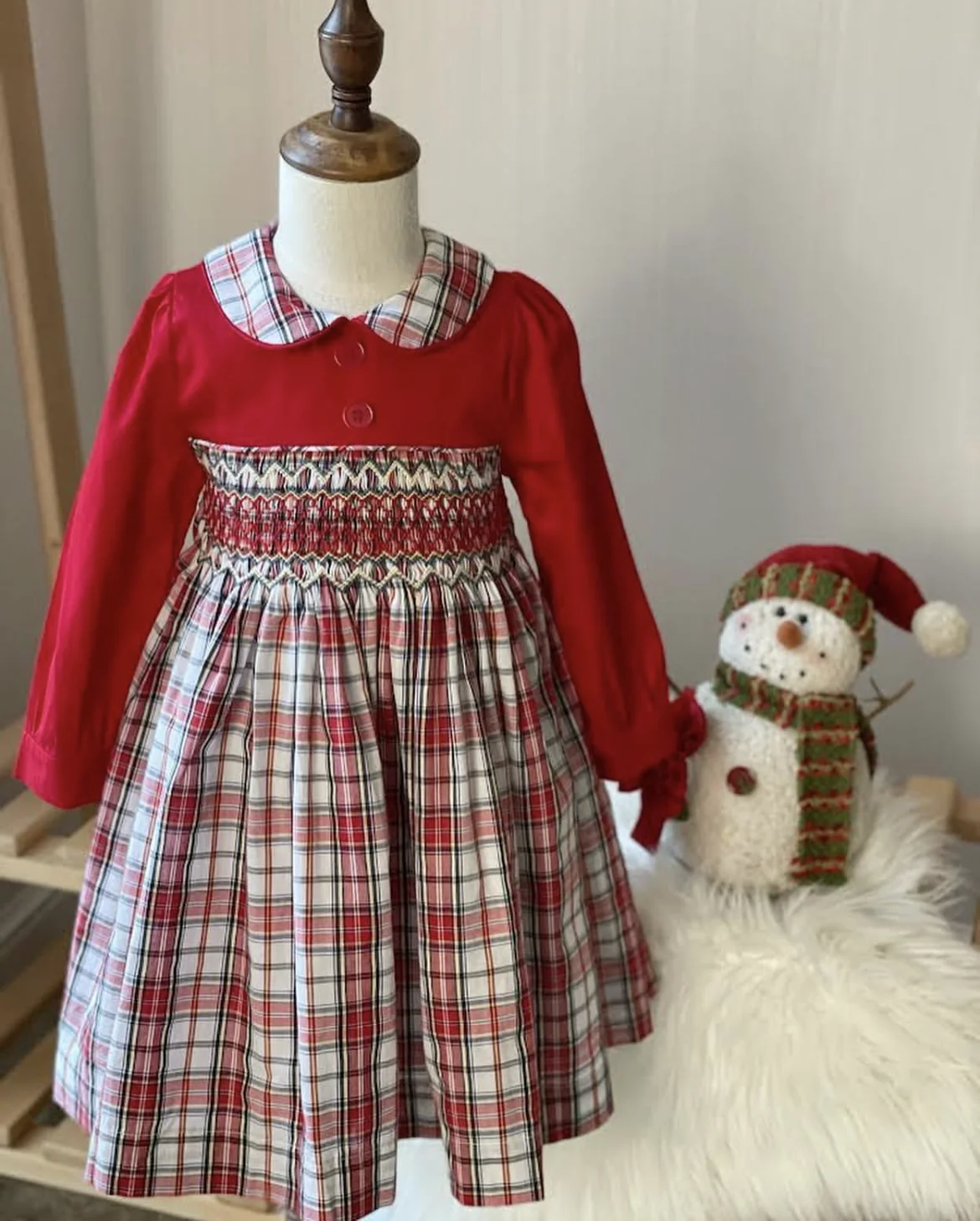 

0-6 Baby Girl Autumn Handmade Embroidery Smocked Red Dress for Birthday Holiday Photography Eid Casual A7