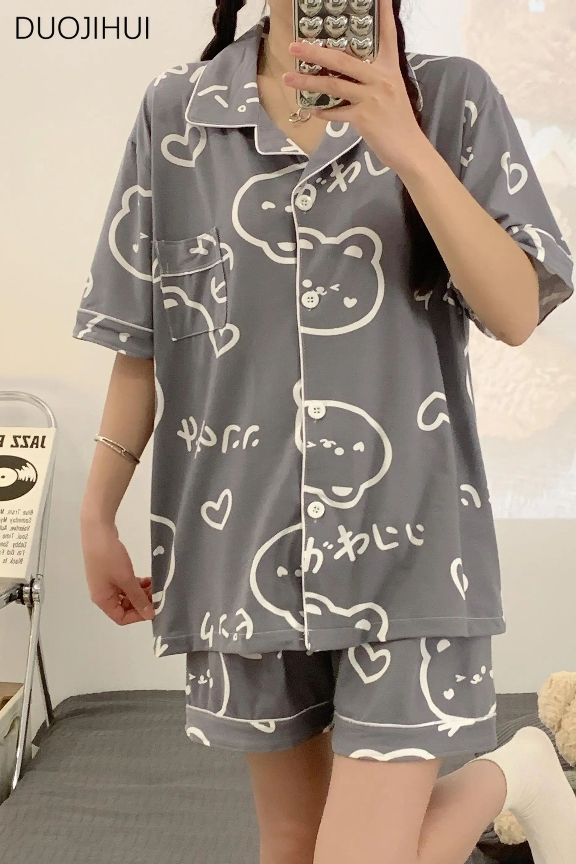 DUOJIHUI Spring Chic Print Two Piece Casual Home Pajamas for Women Ins New Basic Button Cardigan Simple Pant Female Pajamas Sets