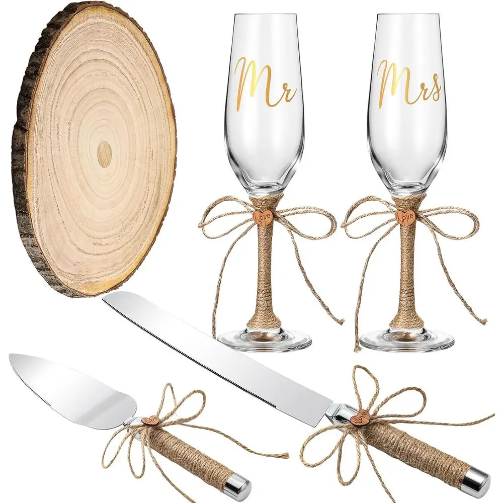 

5 Pcs Cake Knife Server Set, Champagne Glasses, Wooden Slice Cake Topper Set, Rustic Wedding Decorations, Mr and Mrs Champagne F