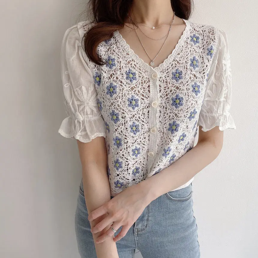 Korean Fashion Sweet Puff Sleeve Embroidery Lace Blouses Women Summer Casual Cute Button Up Shirt Female Clothes Cheap Wholesale