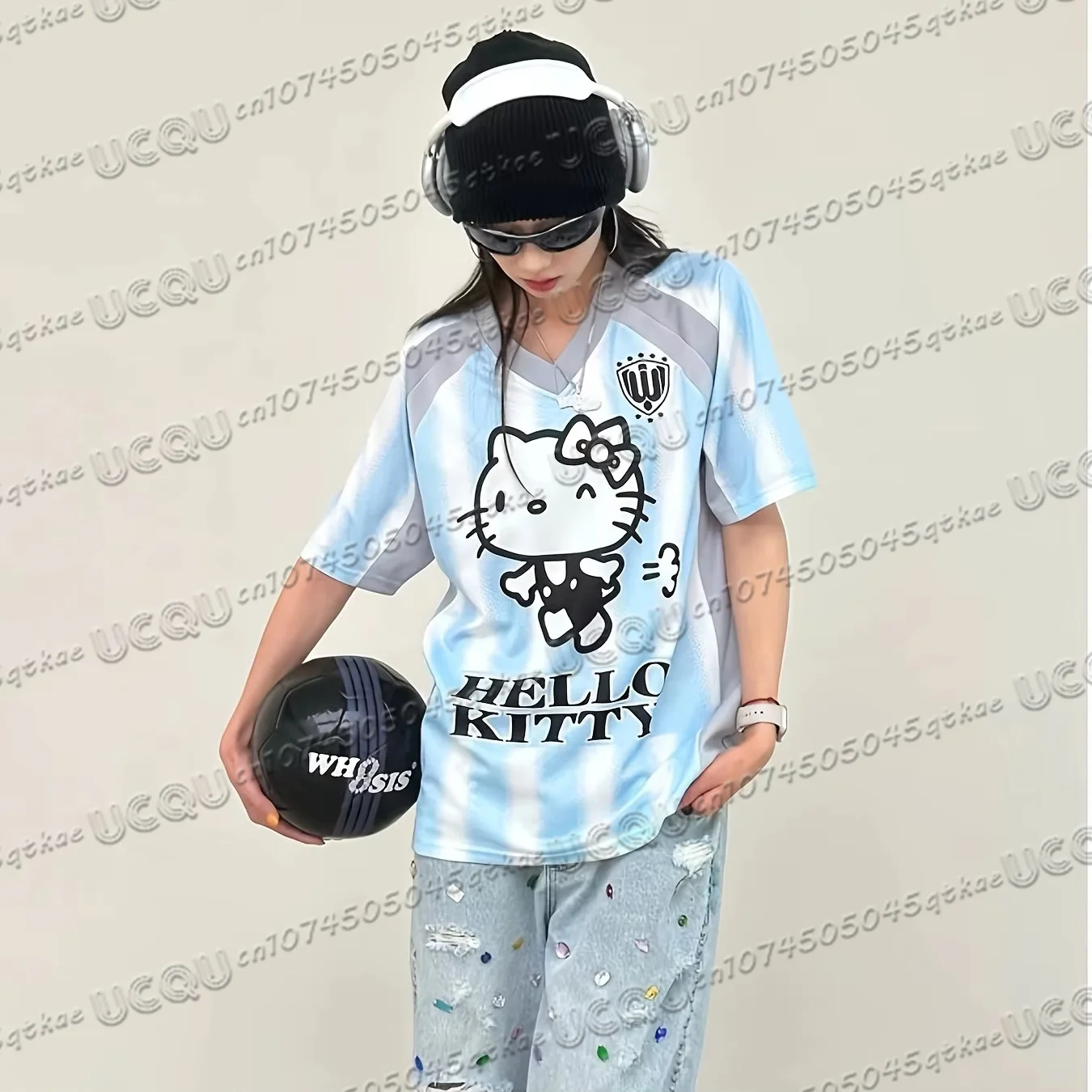 New Hello Kitty Basketball Sports T-shirt Summer Women's Fashion StreetWear V-neck Loose 3D Printed Short Sleeve Y2K Casual Top