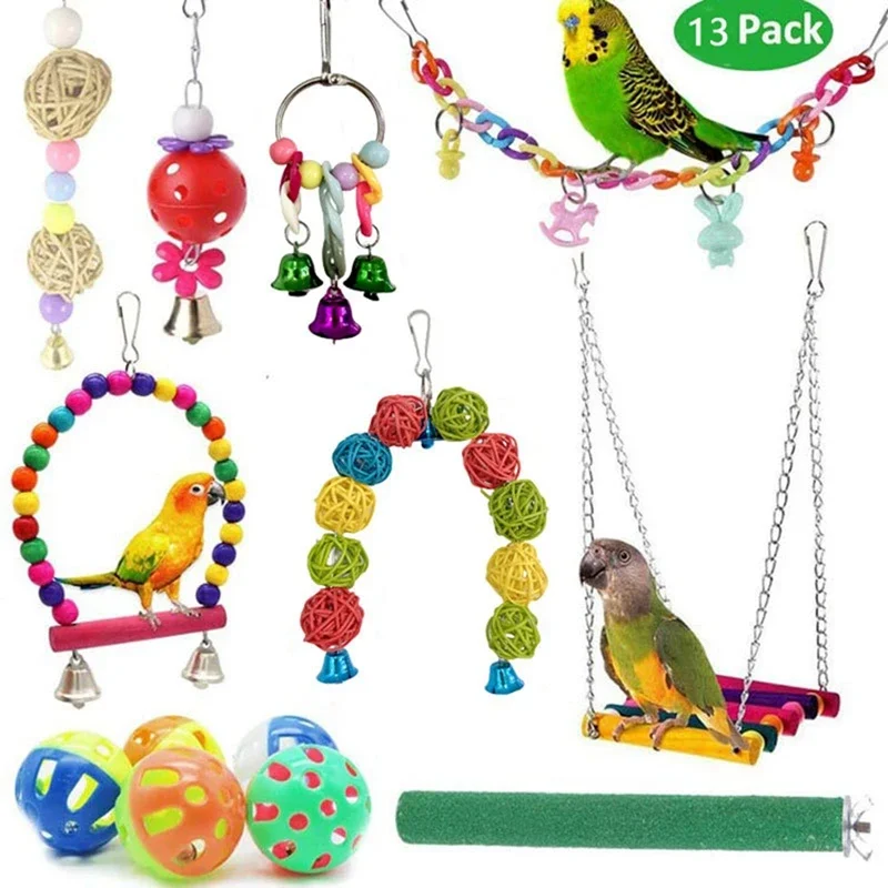 13/11Pcs Bird Cage Toys for Parrots Wood Birds Swing Reliable Chewable Bite Bridge Wooden Beads Shape Parrot Toy Bird Toys