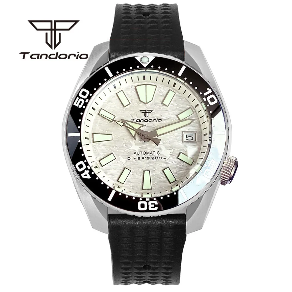 Tandorio NH35A 42.5mm SBDX001 200m Men\'s Automatic Dive Watch Brushed Case 3.8 Screw Crown Sapphire Luminous Dial Rubber Strap