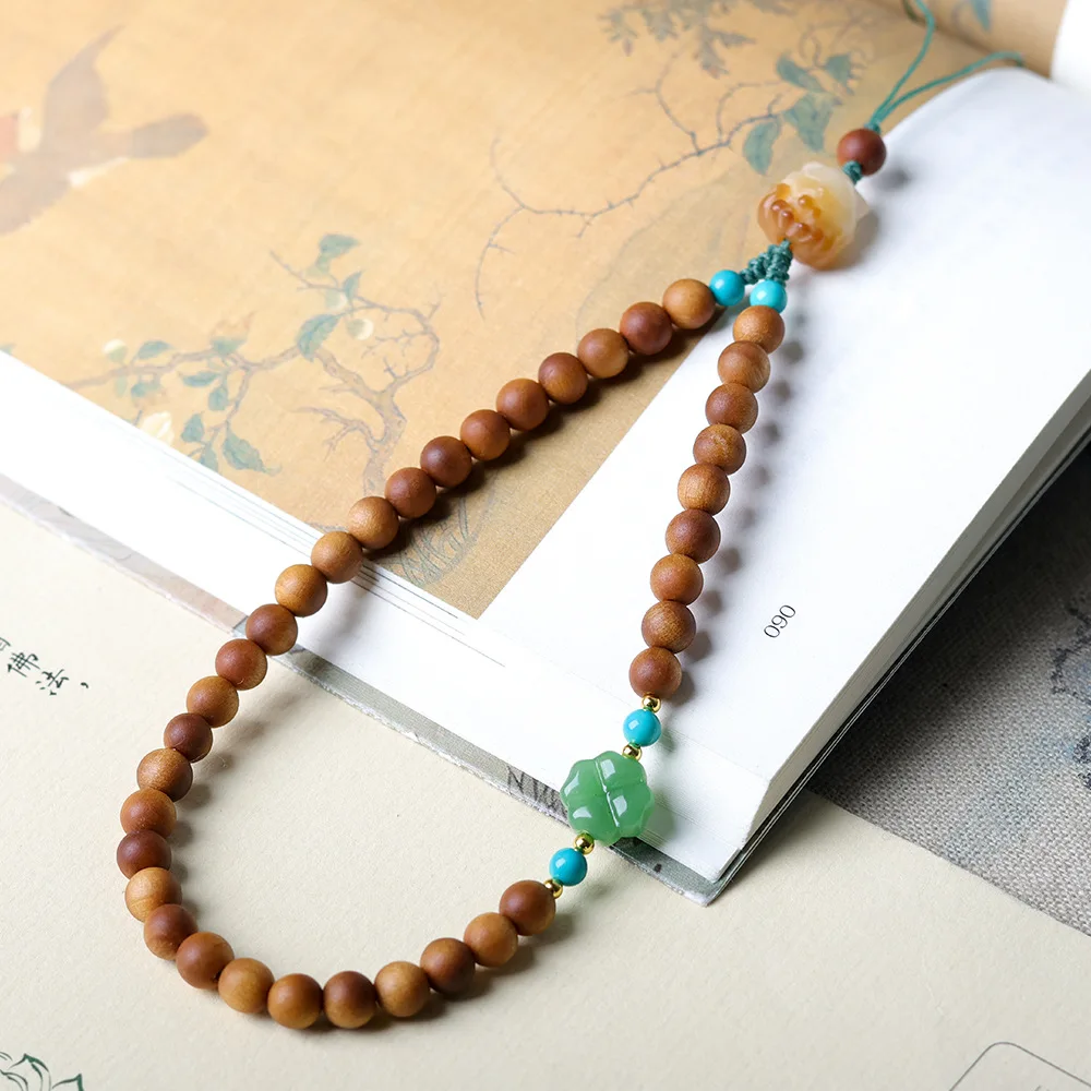 Handcrafted Sandalwood Pendant Cultured Bead Bracelet Bodhi Root Nine-Tailed Fox Wrist Phone Strap Bag Charm