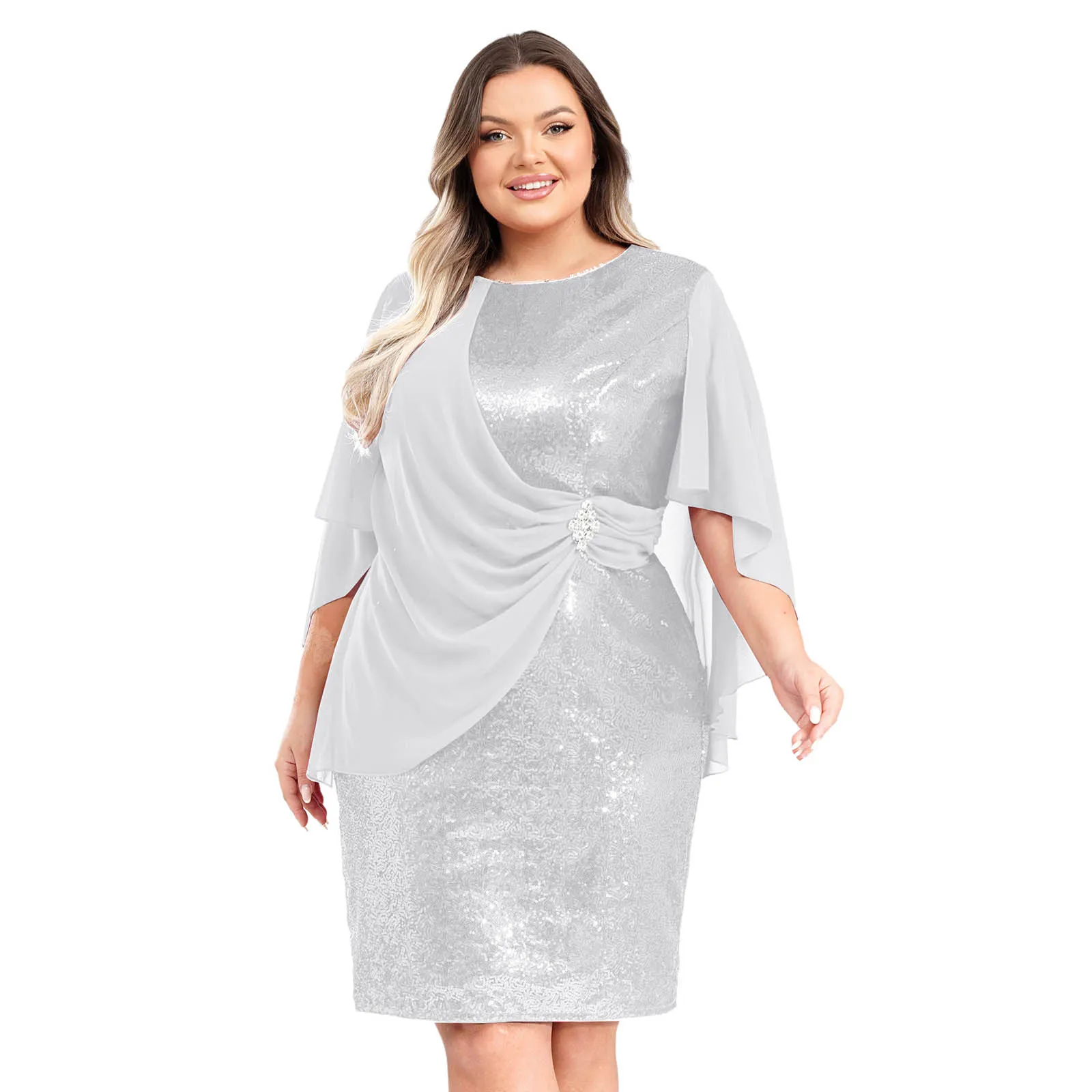 فستان حفلة موسيقية أنيق للنساء فساتين حفلات مطرزة بالترتر مع ثوب كيب شيفون أنيق للولائم وحفلات الزفاف وحفلات الكوكتيل