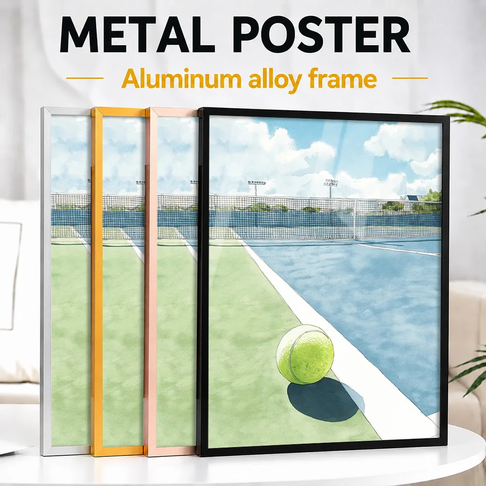 Tennis Ball On The Court Framed Aluminum Metal Poster Customized Photo Vintage Club Style Wall Art For Study Memorable Fan Gift