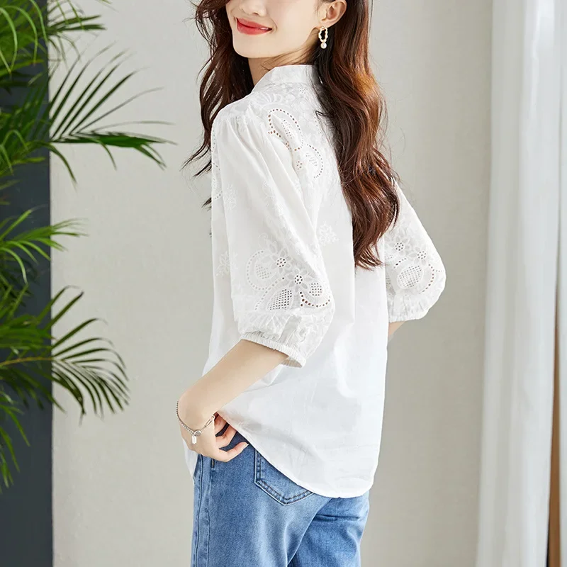 V-neck Embroidered Hollow Shirt Women Clothing Seven-quarter Lantern Sleeves 2025 Spring and Autumn Solid Top Women Shirt