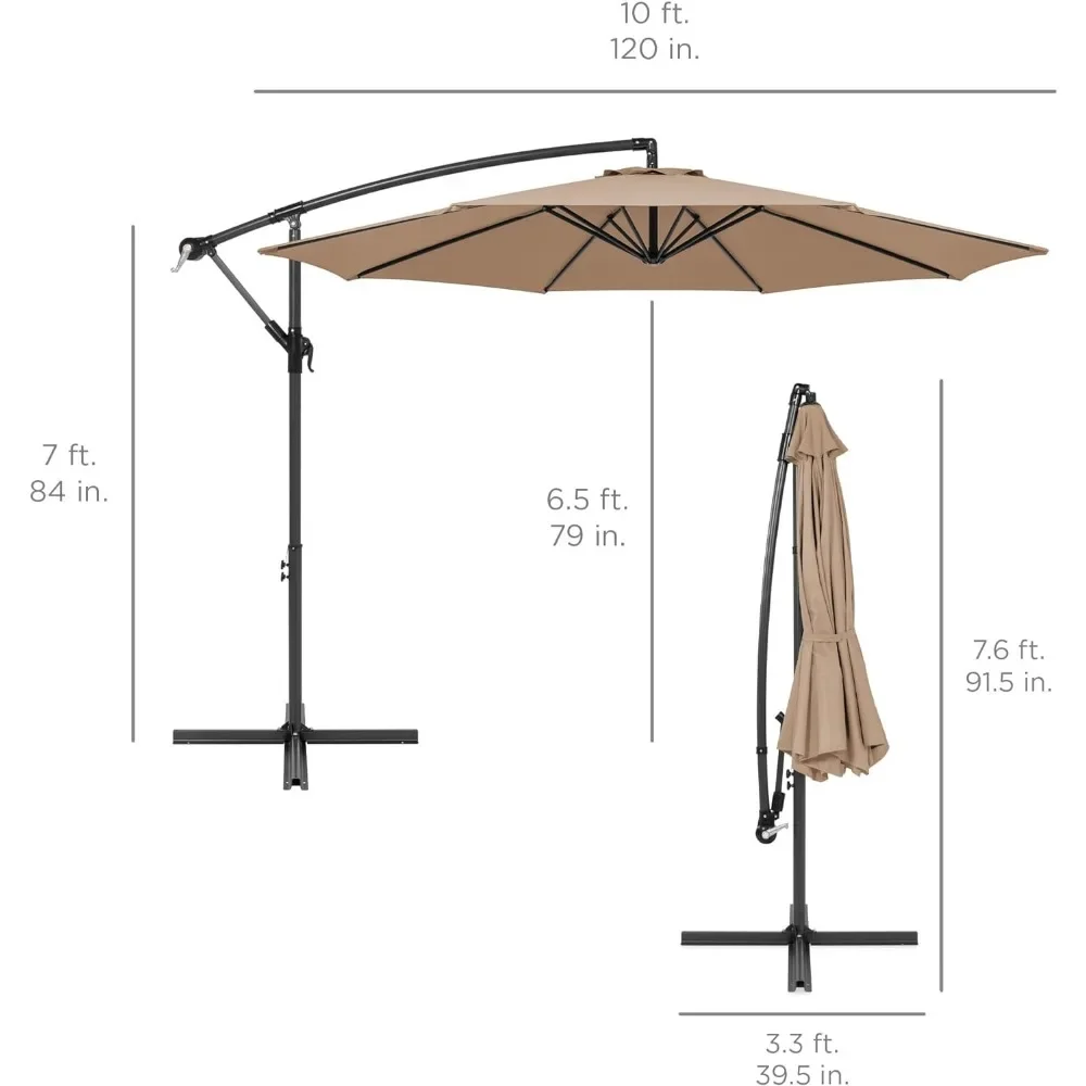 Offset pendurado pátio guarda-chuva, fácil ajuste de inclinação, poliéster sombra, 8 costelas para quintal, piscina, gramado e jardim, 10 pés