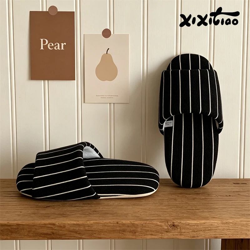XIXITIAO Stripe Indoor Slippers Women Men Four Seasons Couples Home Flat Floor Slippers Open-Toe Soft Light Cotton Shoes Unisex view 3