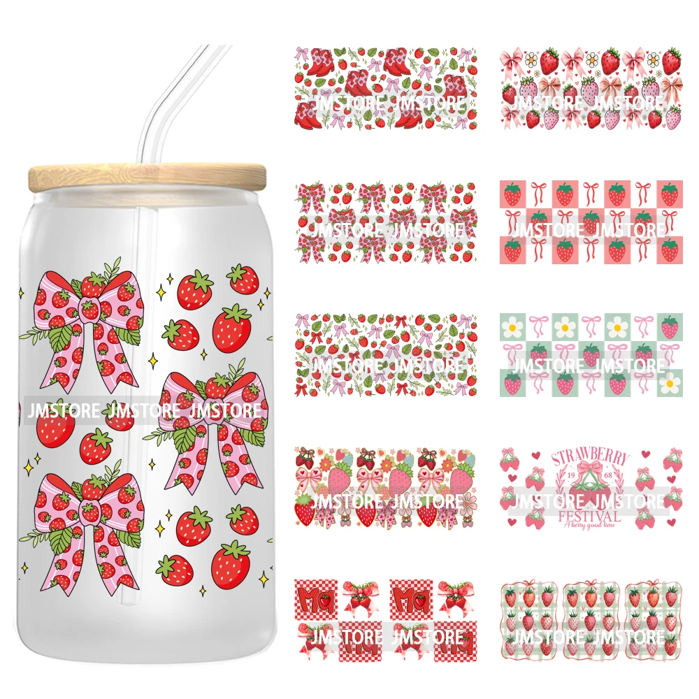 

Floral Strawberry Coquette Bow 16OZ UV DTF Cup Wraps Ready To Apply Waterproof Transfer Stickers For Libbey Glass Can Tumbler